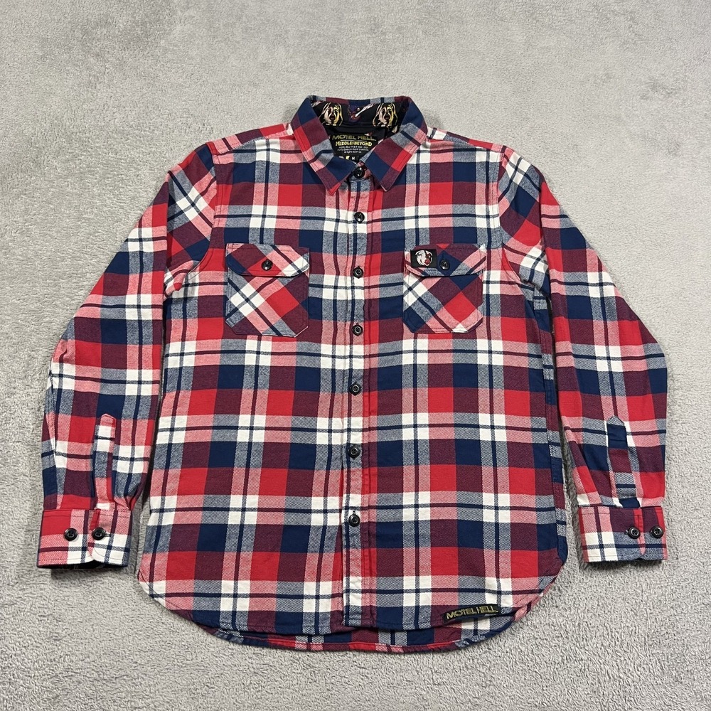 Motel Hell Flannel Shirt Mens Medium Plaid Middle of Beyond Button Up
